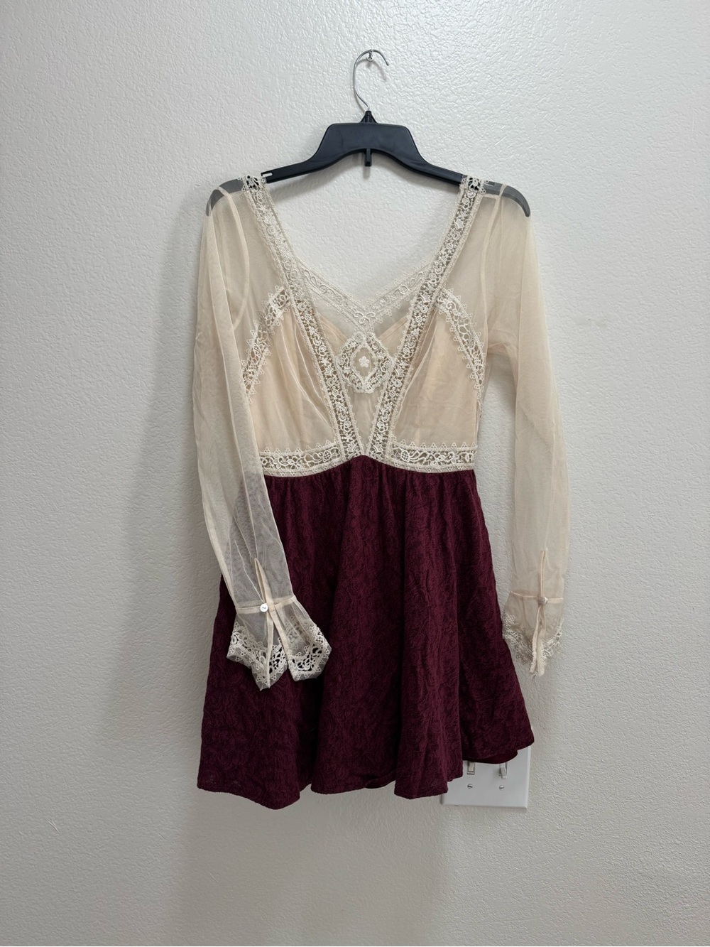 Free People Burgundy Skater Dress with Cream Lace Bodice